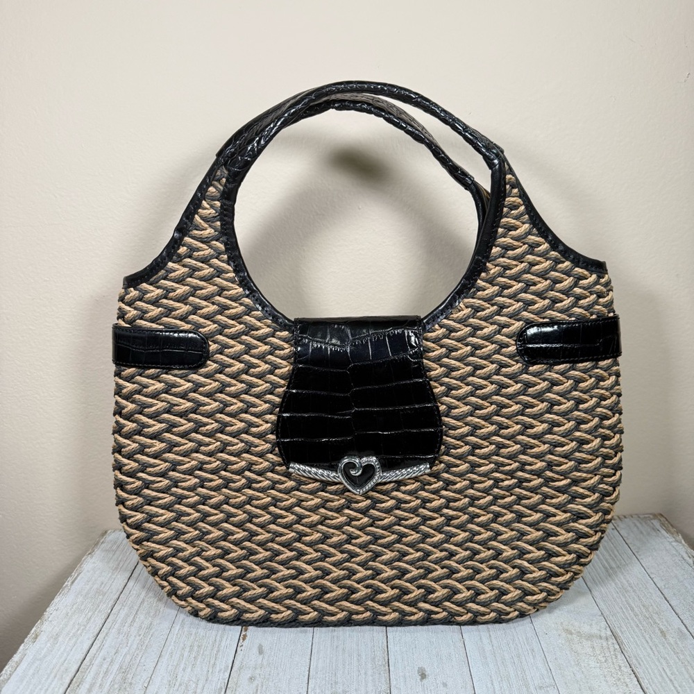 Brighton Shoulder Bag Woven Straw Patent Reptile Leather Studded Satchel